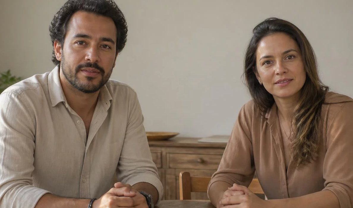 Três participantes conversam ao redor de uma mesa comprida numa sala clara de janelas altas