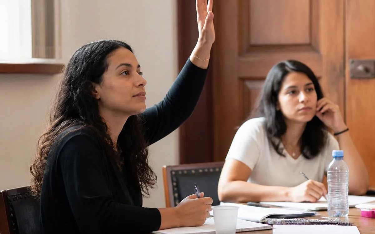 Grupo pequeno reunido em volta da mesa, ouvindo a fala de quem tem a palavra