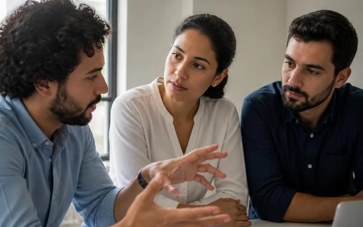 Roda de conversa numa sala clara, com uma pessoa expondo o ponto e duas escutando