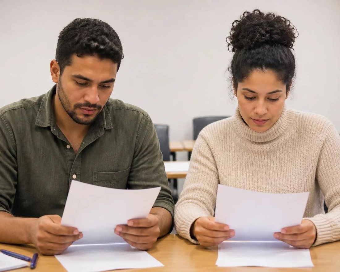 Dupla discute em pé entre as estantes de uma biblioteca, cada um sustentando o seu ponto