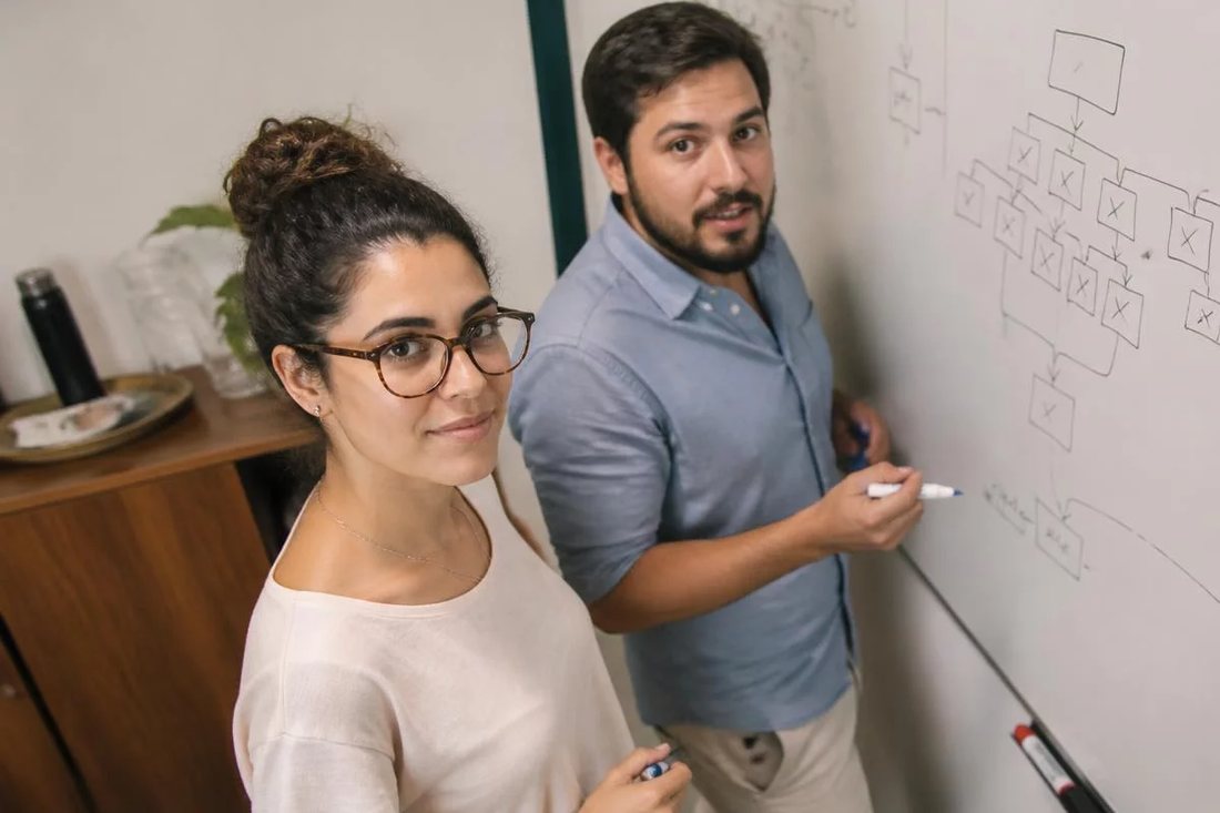 Facilitadora aponta para um mapa de argumento desenhado no quadro branco enquanto um participante acompanha